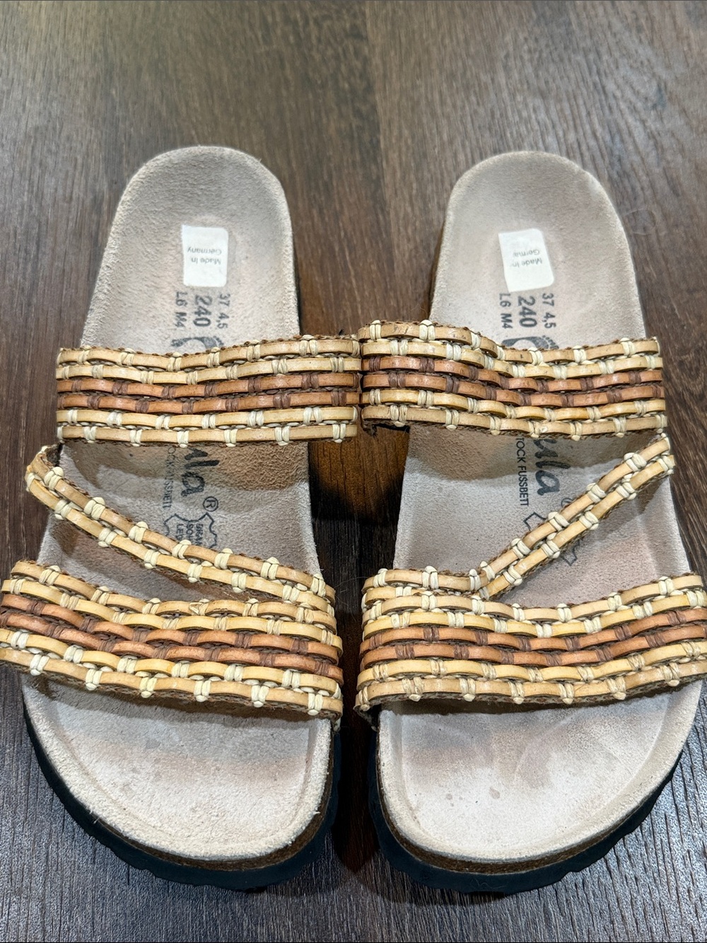 Women’s Woven Double-Strap Slide Sandals in Tan and Natural